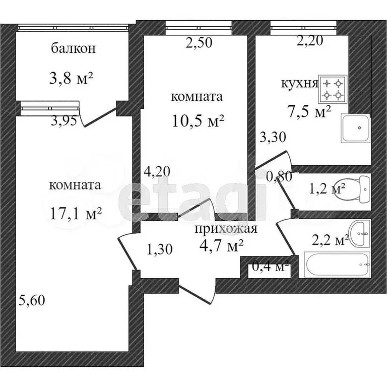 2-к. квартира, 43,1 м, 9/9 эт. - Фото 0