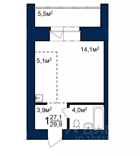 Студия Амурская область, Благовещенск 224-й кв-л,  (29.9 м) - Фото 0