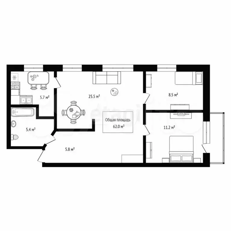 3-к. квартира, 60,5 м, 2/5 эт. - Фото 0