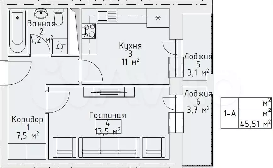 1-к. квартира, 45,5 м, 10/16 эт. - Фото 0