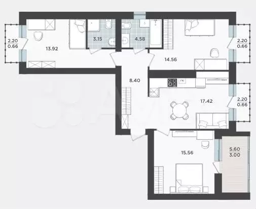 3-к. квартира, 90 м, 8/9 эт. - Фото 1