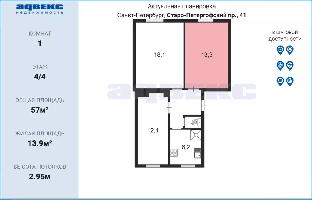 Комната Санкт-Петербург Старо-Петергофский просп., 41 (13.9 м) - Фото 1