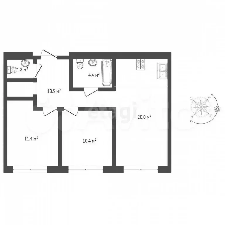 2-к. квартира, 58 м, 3/9 эт. - Фото 1