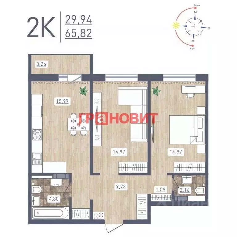 2-к кв. Новосибирская область, Новосибирск ул. Забалуева, 69 (65.82 м) - Фото 1