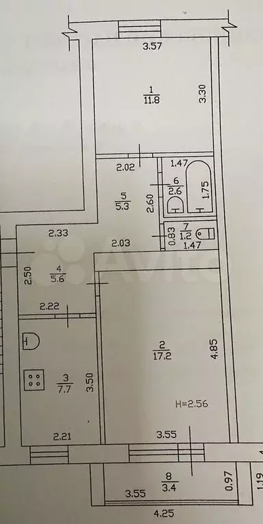 2-к. квартира, 54,8 м, 3/5 эт. - Фото 0