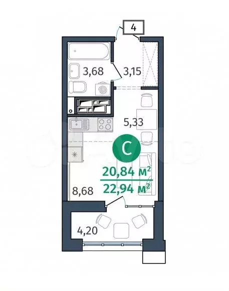 Квартира-студия, 20,8 м, 14/25 эт. - Фото 0
