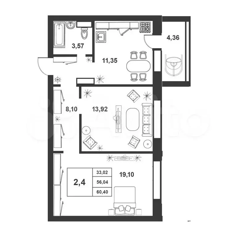 2-к. квартира, 56 м, 1/9 эт. - Фото 1
