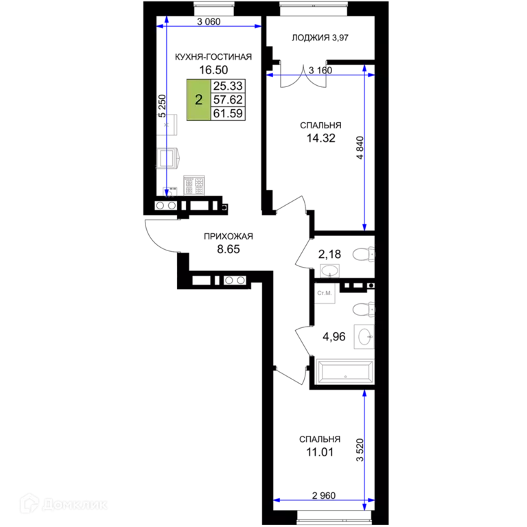 Продаётся 2-к квартира, 61.59 м - Фото 0