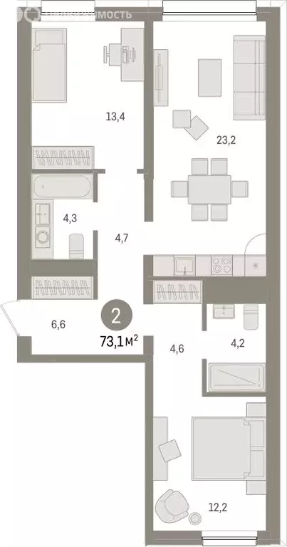 2-комнатная квартира: Тюмень, Мысовская улица, 26к1 (73.1 м) - Фото 1