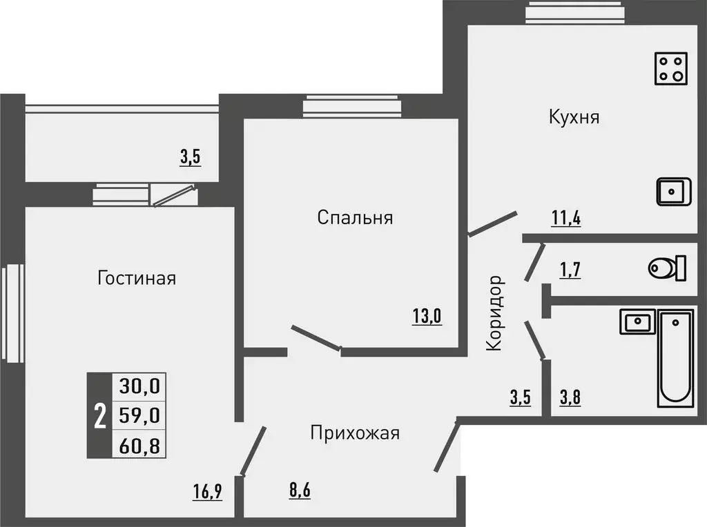 2-комнатная квартира: деревня Жилина, Садовая улица, 2к2 (60.8 м) - Фото 0