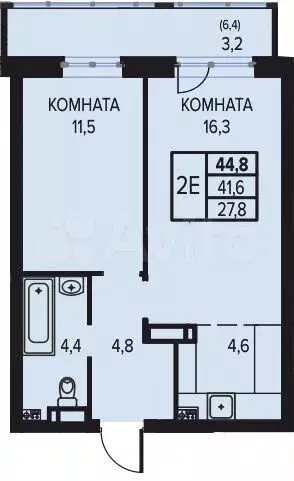 2-к. квартира, 44,8м, 15/16эт. - Фото 0