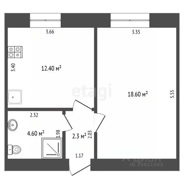 1-к кв. Чувашия, Чебоксары Хузангая ул., 30 (38.0 м) - Фото 2