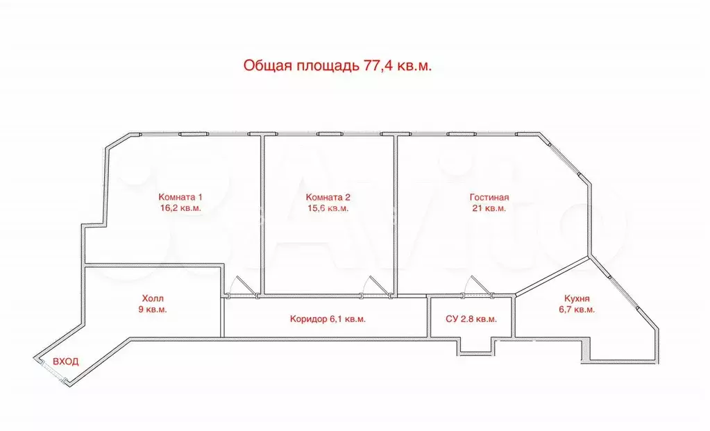 3-к. квартира, 77,4 м, 6/7 эт. - Фото 0