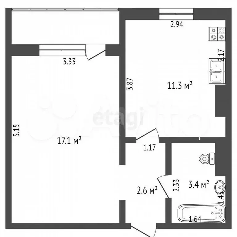 1-к. квартира, 34,7 м, 4/5 эт. - Фото 0