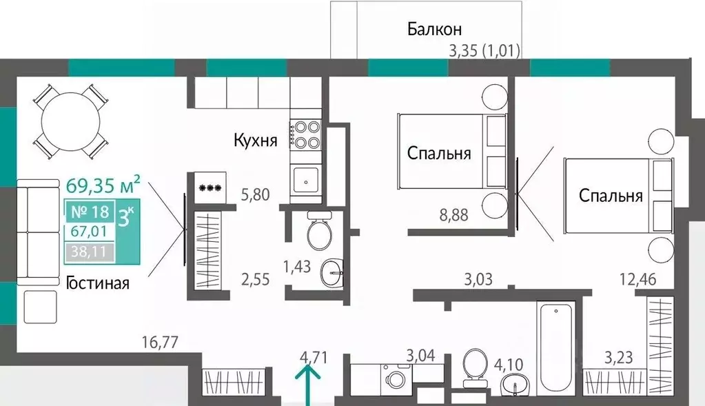 3-к кв. Крым, Симферополь ул. Никанорова, 4ж (67.01 м) - Фото 0
