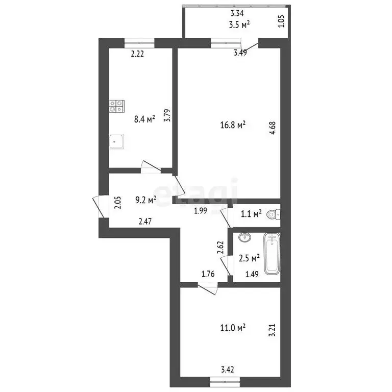 2-комнатная квартира: Ишим, Большая улица, 196 (49 м) - Фото 1