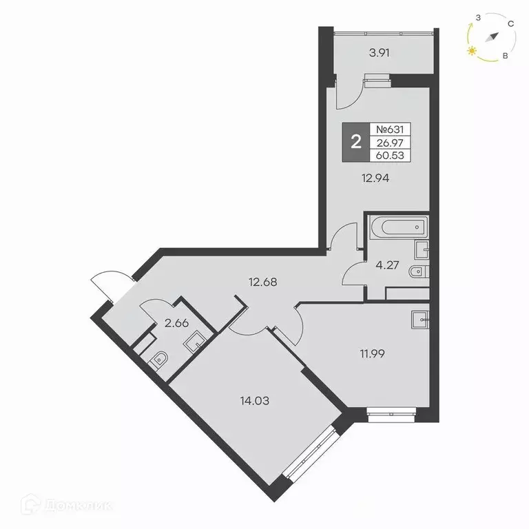Продаётся 2-к квартира, 60.5 м - Фото 1