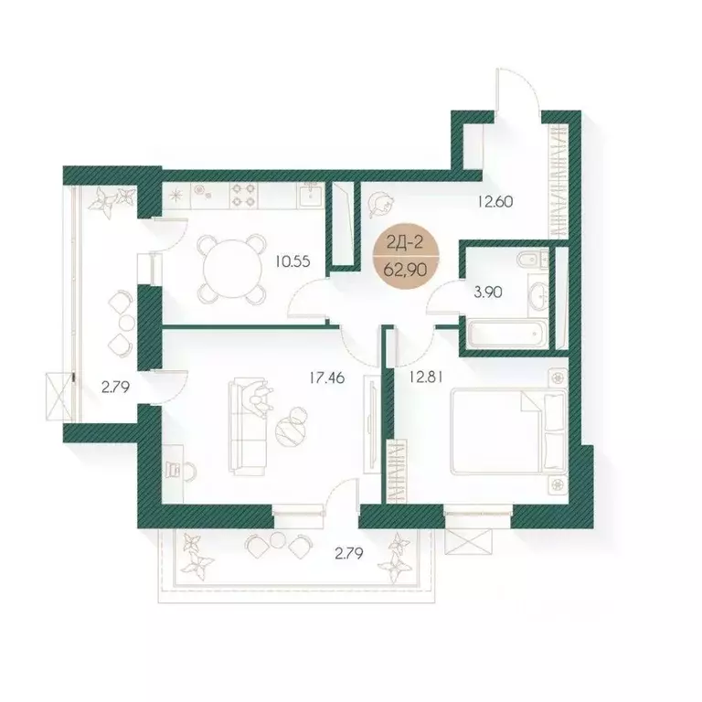 2-к кв. Татарстан, Казань Родины мкр, Наследие жилой комплекс (62.9 м) - Фото 1