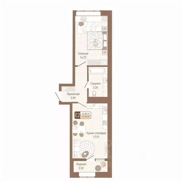 1-к кв. Тульская область, Тула Кулик жилой комплекс (45.64 м) - Фото 1