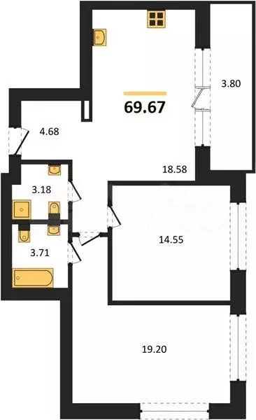 2-к. квартира, 70 м, 3/9 эт. - Фото 1
