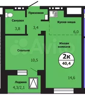 2-к. квартира, 40,4 м, 13/19 эт. - Фото 0