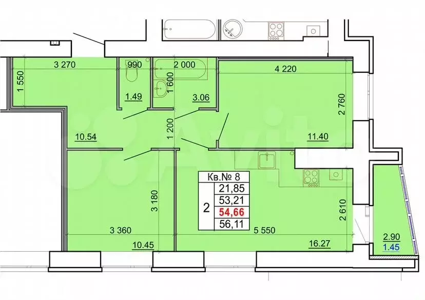 2-к. квартира, 54,7 м, 3/8 эт. - Фото 1