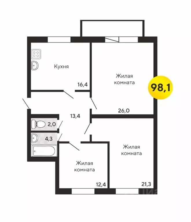 3-к кв. Амурская область, Благовещенск ул. Калинина, 68/4 (98.1 м) - Фото 1