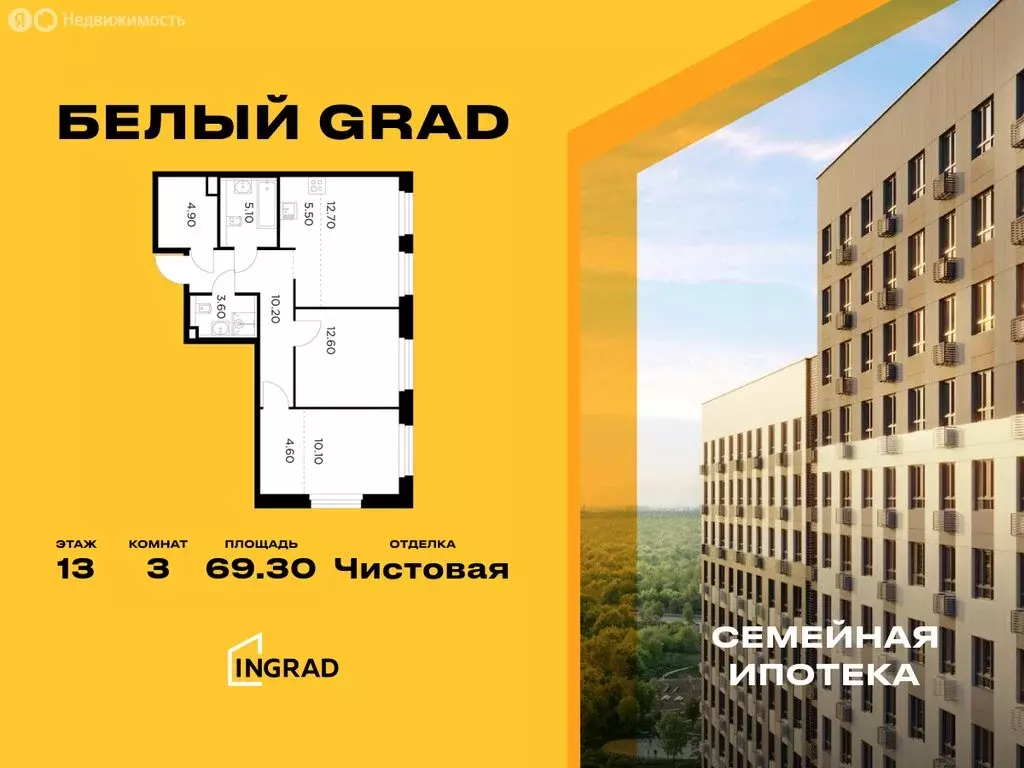 3-комнатная квартира: Мытищи, жилой комплекс Белый Grad, 12.3 (69.3 м) - Фото 0