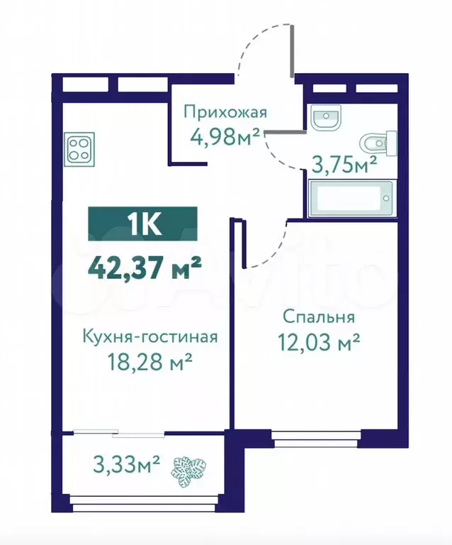 1-к. квартира, 42,4 м, 9/10 эт. - Фото 1