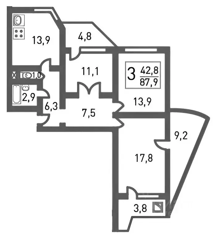 3-к кв. Москва ул. Вертолетчиков, 13 (88.0 м) - Фото 2