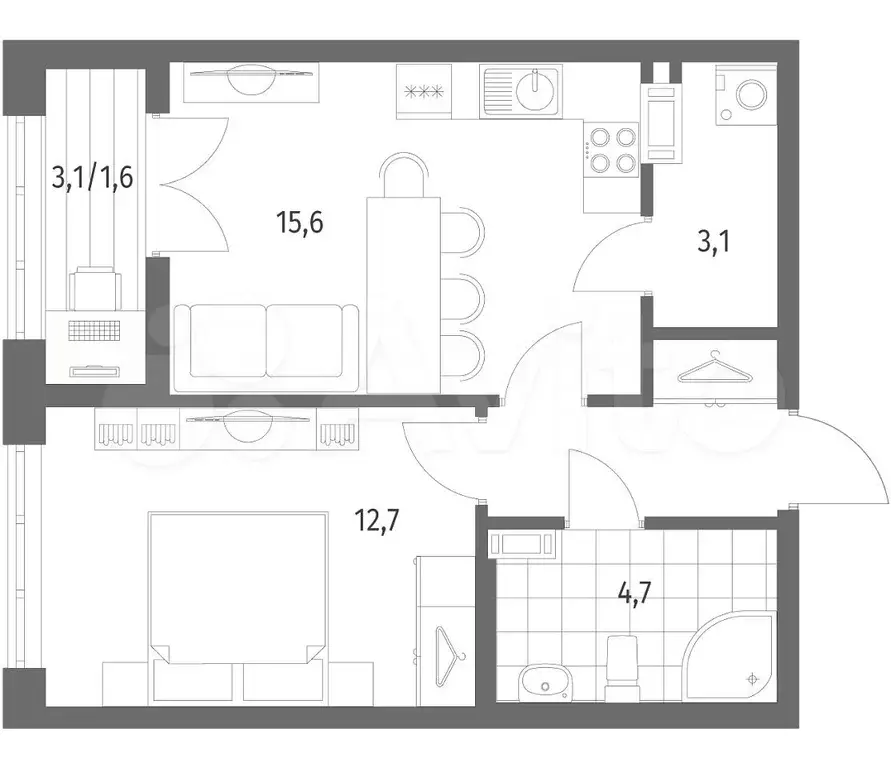 1-к. квартира, 41,9 м, 3/9 эт. - Фото 1