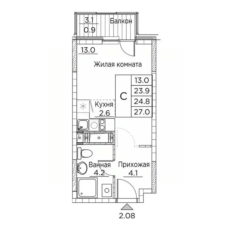1-к кв. Приморский край, Владивосток ул. Расула Гамзатова, 7к2 (27.0 ... - Фото 1