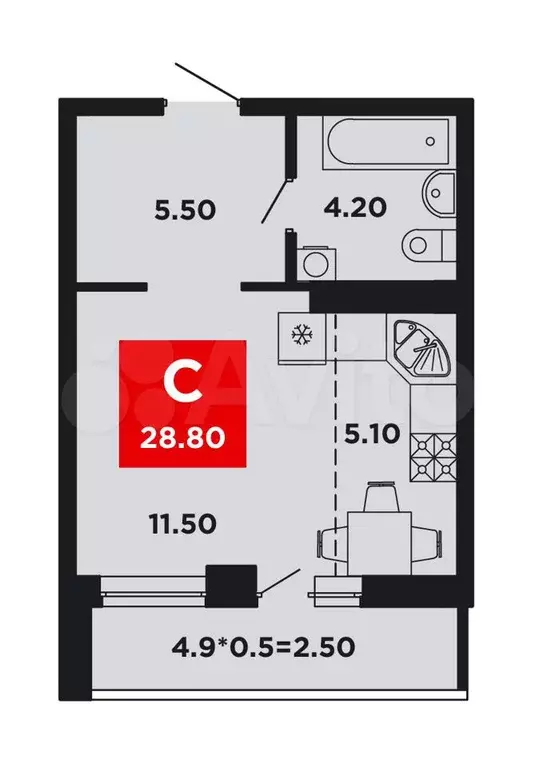 Квартира-студия, 28,8 м, 8/9 эт. - Фото 0