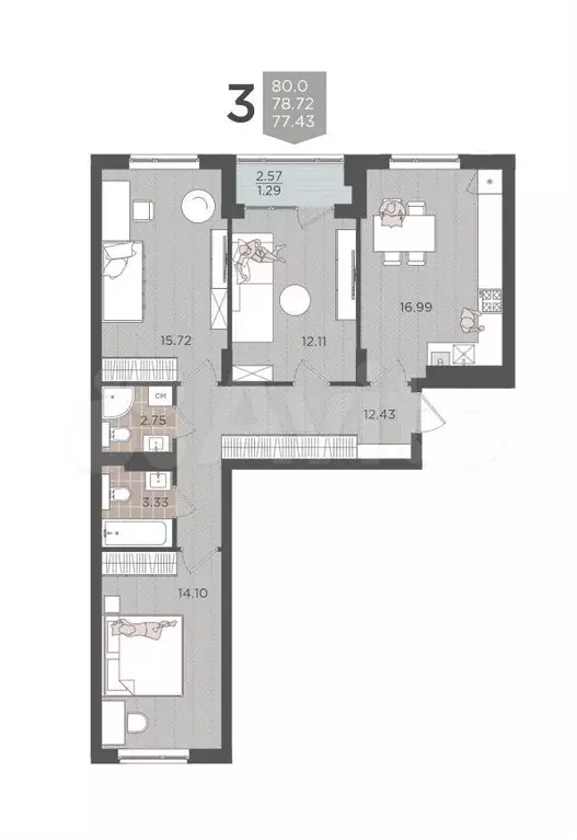 3-к. квартира, 78,7 м, 2/9 эт. - Фото 1