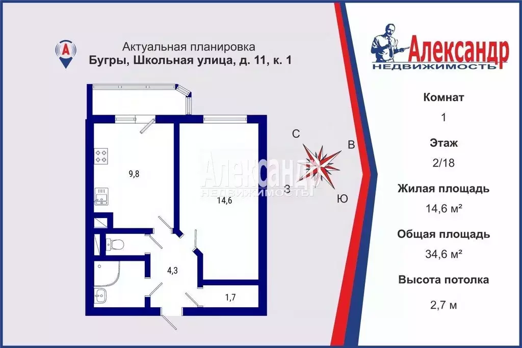 1-к кв. Ленинградская область, Всеволожский район, пос. Бугры ул. ... - Фото 2