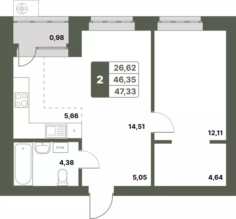 2-комнатная квартира: Уфимский район, село Миловка (47.33 м) - Фото 0