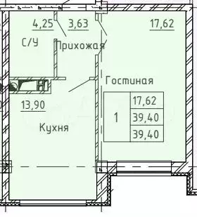 1-к. квартира, 39,4 м, 4/10 эт. - Фото 0