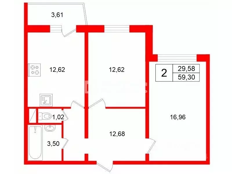 2-к кв. Санкт-Петербург ул. Коллонтай, 17к4 (59.3 м) - Фото 2