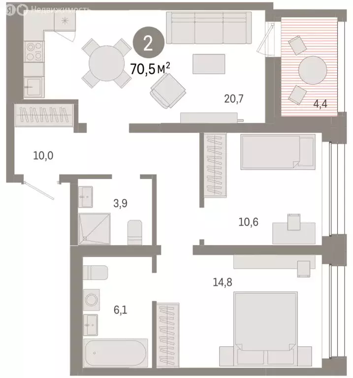 2-комнатная квартира: Тюмень, улица Муравленко, 9/2 (70.49 м) - Фото 1