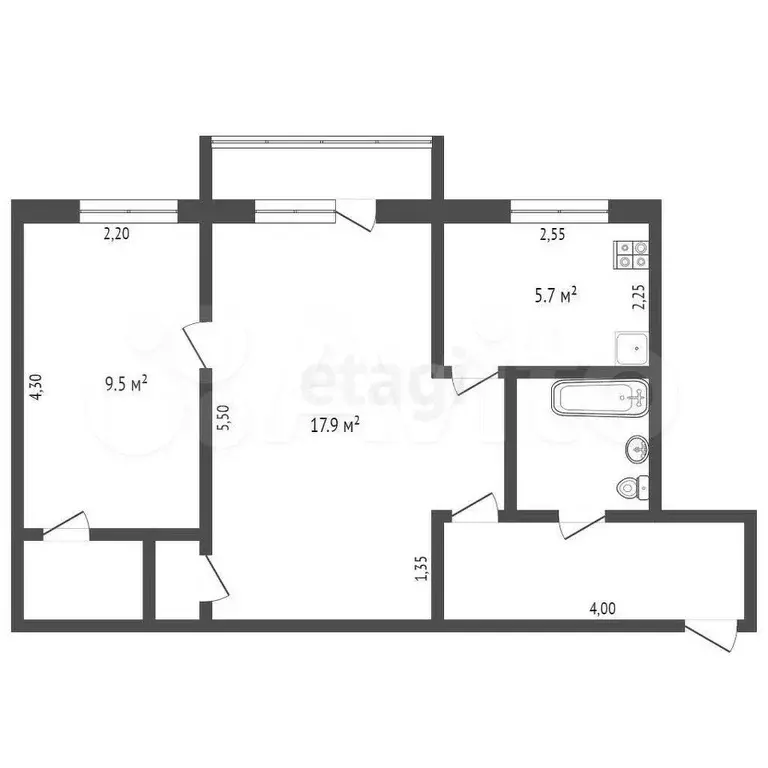 2-к. квартира, 43,1 м, 3/5 эт. - Фото 1