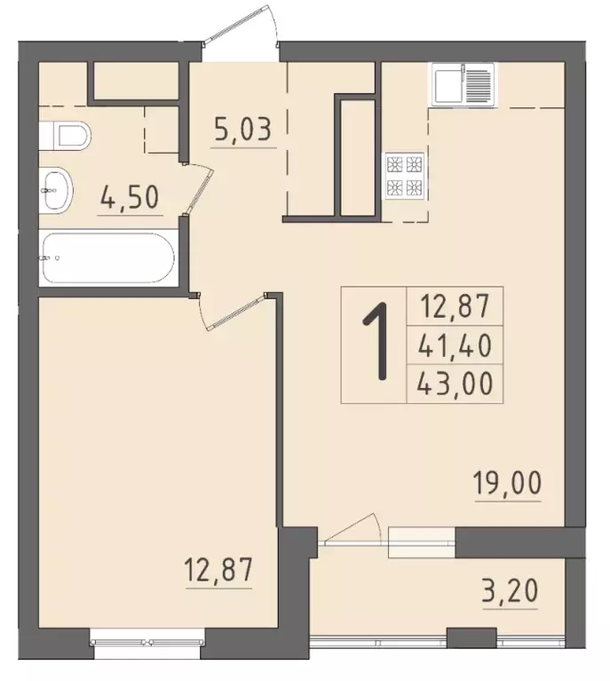 1-к квартира, 43 м - Фото 0