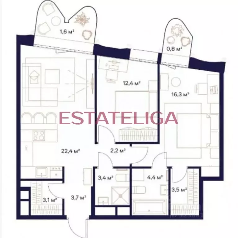 3-к кв. Москва Союз жилой комплекс, к2 (74.0 м) - Фото 2
