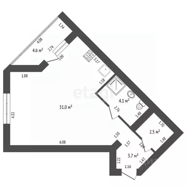 Студия Тюменская область, Тюмень ул. Тимофея Кармацкого, 5 (40.9 м) - Фото 2