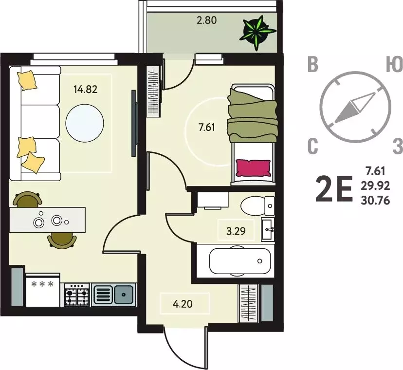1-комнатная квартира: Липецк, ЖК Инстеп. Механизаторов (30.76 м) - Фото 1