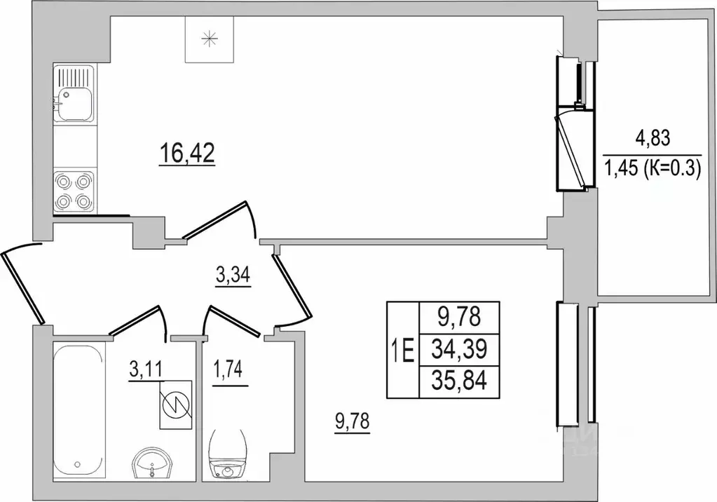 1-к кв. Псковская область, Псков ул. Юности, 32 (35.84 м) - Фото 1
