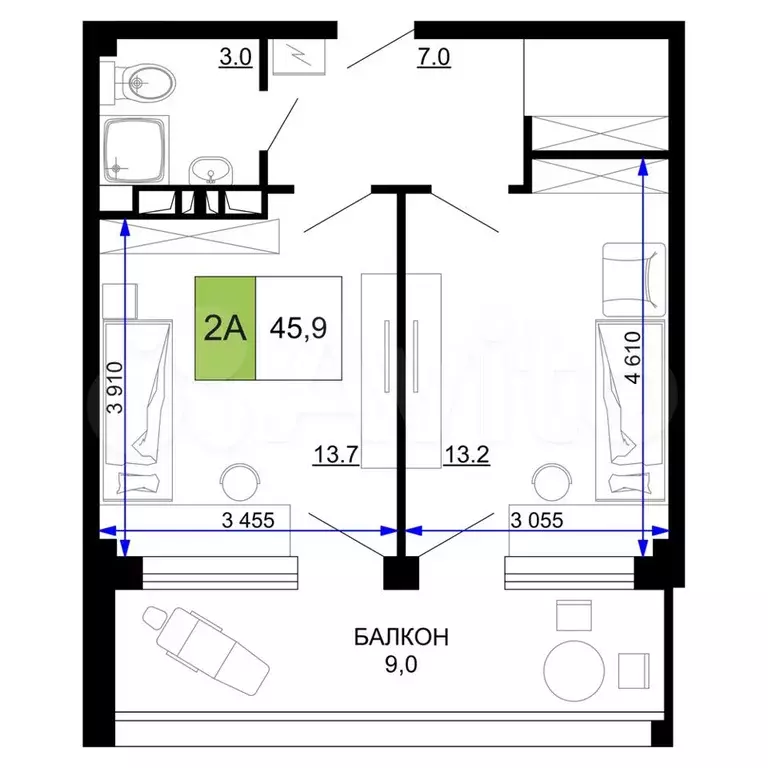 2-к. квартира, 45,9 м, 5/9 эт. - Фото 0