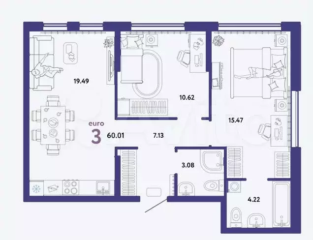 3-к. квартира, 60 м, 12/13 эт. - Фото 1