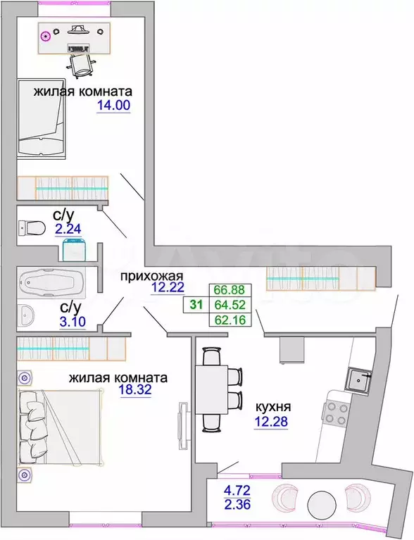 2-к. квартира, 65,4 м, 9/9 эт. - Фото 1
