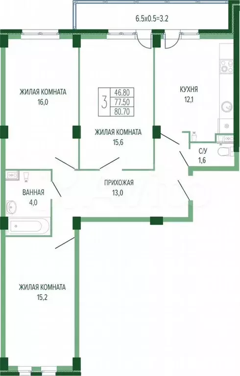 3-к. квартира, 80,7м, 2/7эт. - Фото 0