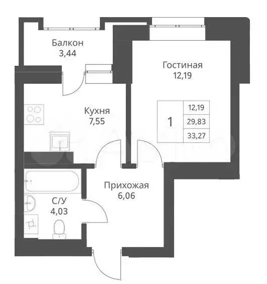 1-к. квартира, 33,3 м, 8/24 эт. - Фото 0